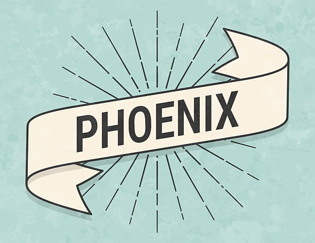 Phoenix. Banner, ribbon, label in a trendy vintage style. Beautiful retro ribbon with old textured paper and sunbursts in the background. Colors used: green, blue, beige and black. The banner is beige with a black outline, the sunbursts and the text are black. The background is green-blue. Vector Illustration (EPS file, well layered and grouped). Easy to edit, manipulate, resize or colorize. Vector and Jpeg file of different sizes.