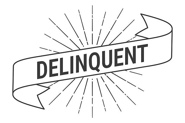 Delinquent. Banner, ribbon, label with a thin black outline and light rays. Trendy black and white illustration isolated on a blank background for your own design. Vector Illustration (EPS file, well layered and grouped). Easy to edit, manipulate, resize or colorize. Vector and Jpeg file of different sizes.