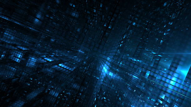 istock scene shows a digital environment filled with glowing blue patterns. Lines and shapes create a sense of movement and depth, suggesting a high-tech atmosphere 2252669410
