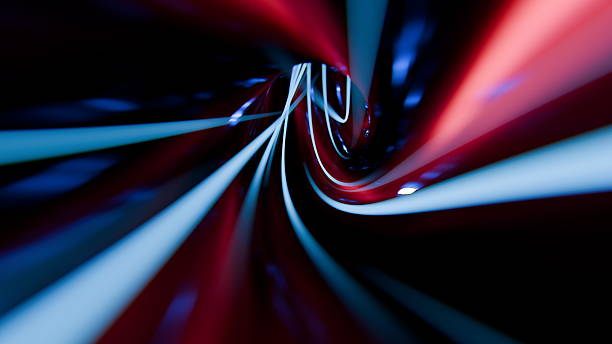 Colorful light beams spiral inward, creating a mesmerizing tunnel effect. This artistic display captures the energy and creativity of the urban event on a lively night. 3d render