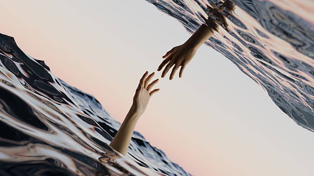 Two hands emerge from water during sunset, reaching out as if seeking help or connection. scene captures a moment of tension and yearning by the shoreline. 3d render.