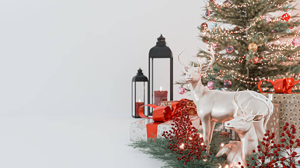 istock Christmas Tree with Decorative Reindeer and Gifts on White Background 2252670048