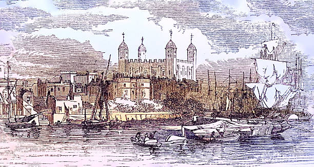 Victorian era Tower of London on the River Thames from 1898 book 