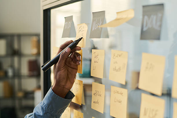 istock Young Adult Black Man Writing Notes on Sticky Notes during Office Brainstorming 2252674339