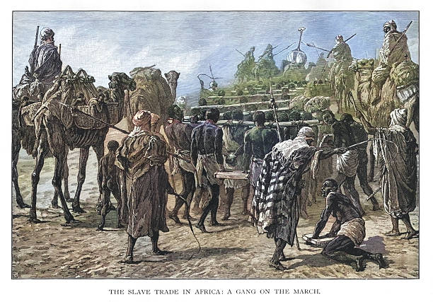 Historic depiction of The Slave Trade in Africa, A Gang on the March from 1898 book 