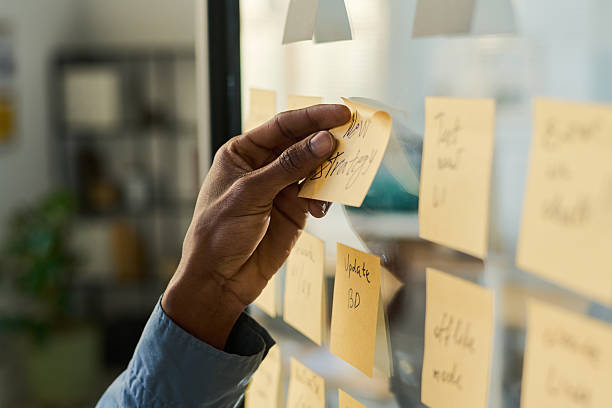 istock Young Adult Black Man Placing Sticky Note on Glass Wall during Brainstorming 2252674821