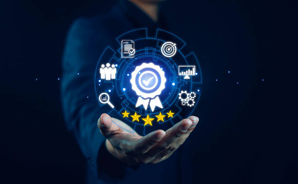 istock Businessman holding quality assurance icon. Audit, business, certification, control, digital, service, assessment, checklist, data with quality icon. 2252675412