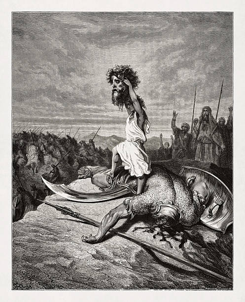Engraving depicting David defeating Goliath made in 1866 by Gustave Doré to illustrate a new edition of the Holy Bible.