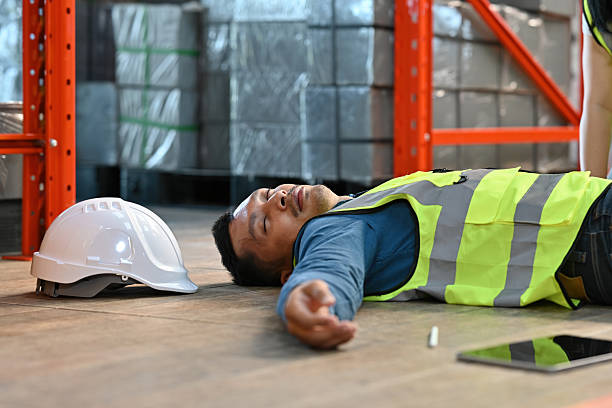 istock Workplace safety concept with a fallen worker man and helmet on the ground inside an industrial warehouse 2252680519