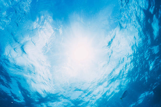 Blue abstract background. Sun rays against the background of the blue sea. The sun's rays pass through the water. The sun's rays penetrate under the water.
