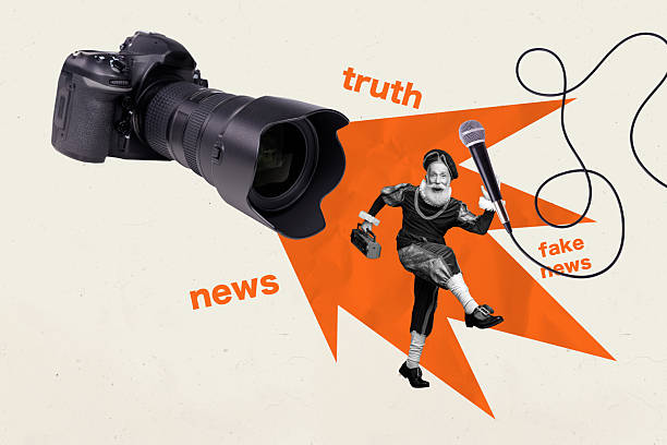 Composite 3D collage trend artwork design of camera journalist aged man retro style dance hold mic interview fake news media narrative.