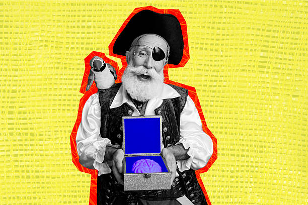 Sketch image trend artwork montage 3D collage of silhouette aged man pirate captain parrot bird hand hold storage trunk container brain.