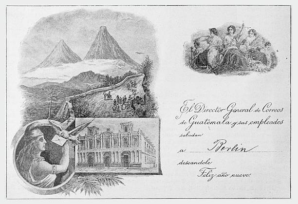 Historical illustrated greeting card showing Guatemalan volcanoes, a colonial post office building, allegorical female figures, and a Spanish New Year postal message.