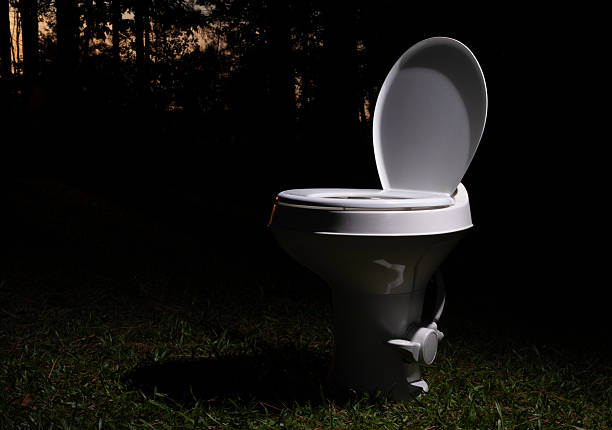 Plastic travel trailer toilet that has been replaced and left on a field with its lid open while the sun sets behind a thick line of trees.