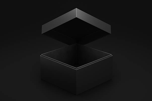 A sleek black box sits open with its lid suspended above, set in a moody, minimalist studio. Ideal for themes of mystery, premium packaging, gifts, and innovative design.