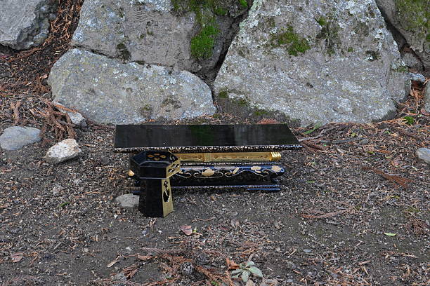 istock A black table is sitting on the ground next to a rock 2252692235