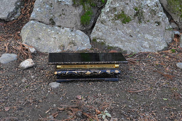 istock A black and gold table is sitting on a rocky ground 2252692765