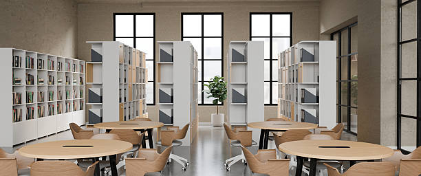 Spacious modern library interior with wood furniture, soft seating, and pendant lighting, featuring open layout and reading zones. 3D Rendering