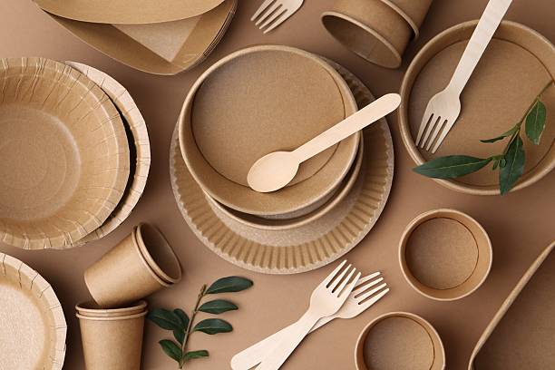 istock Set of disposable tableware and green leaves on brown background, flat lay 2252697855