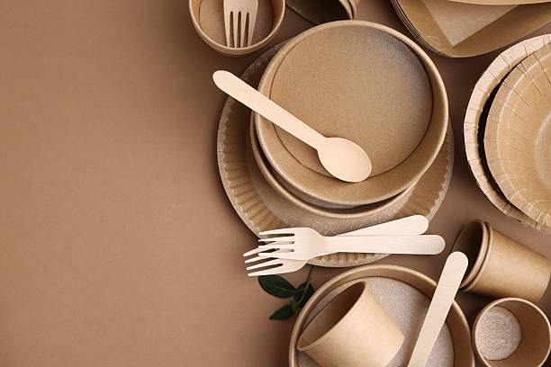 istock Set of disposable tableware and green leaves on brown background, flat lay. Space for text 2252697898