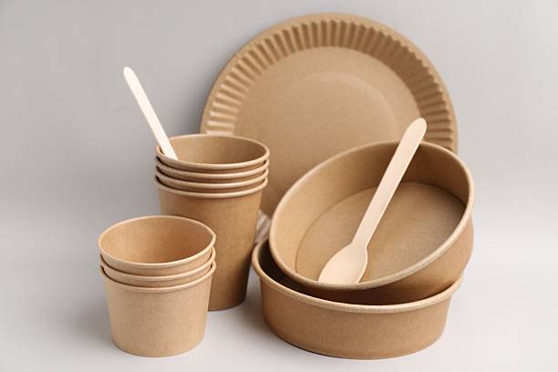 istock Set of disposable tableware on light grey background, closeup 2252697919
