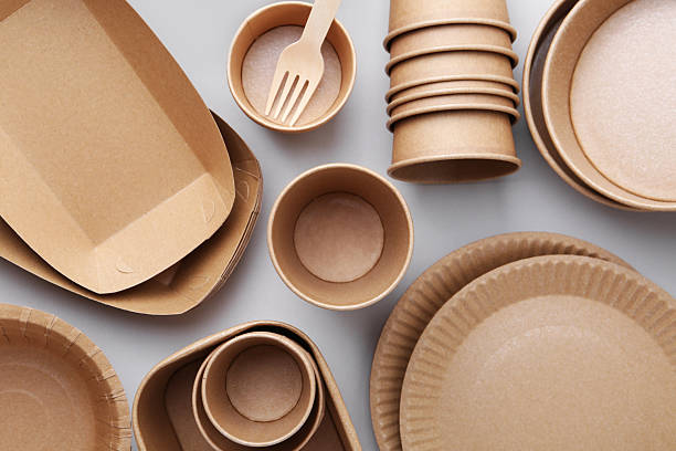 istock Set of disposable tableware on white background, flat lay 2252697942