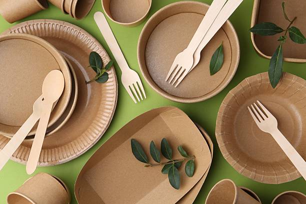 istock Set of disposable tableware and leaves on green background, flat lay 2252697971