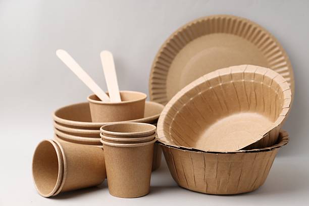 istock Set of disposable tableware and green leaves on light grey background, closeup 2252697986
