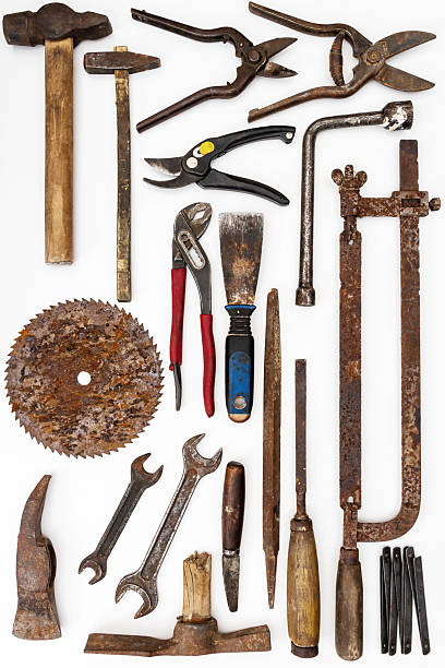 istock Flat lay of old hand tools on white background. 2252702661