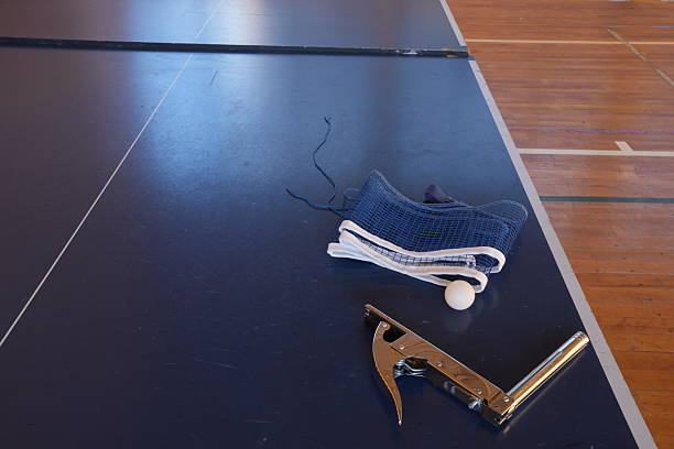 A ping pong net is on the floor next to a ping pong ball. The net is blue and white