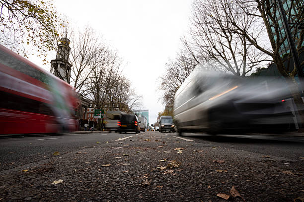Part of a series: Busy traffic and city life near Euston, London in December - captured with a long exposure