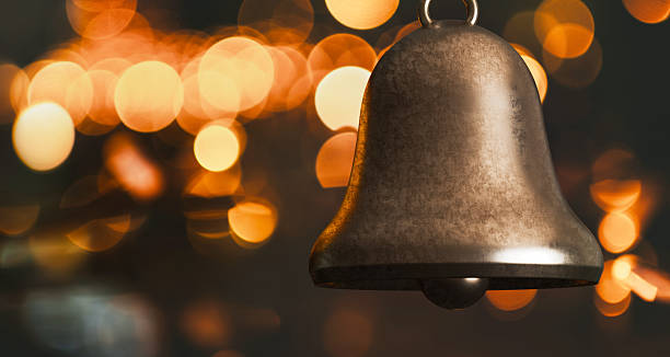 Christmas Bell Floating Out of Neon Frame, New Year Holiday Background. Digitally generated image. 3d render.