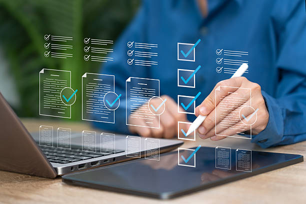 istock Online Checklist, Document Management Concept, Businesswoman Using Tablet Review and Approve Digital Documents, Quality Control, Detailed Inspection Process, Secure Online System, Workflow Management 2252711056