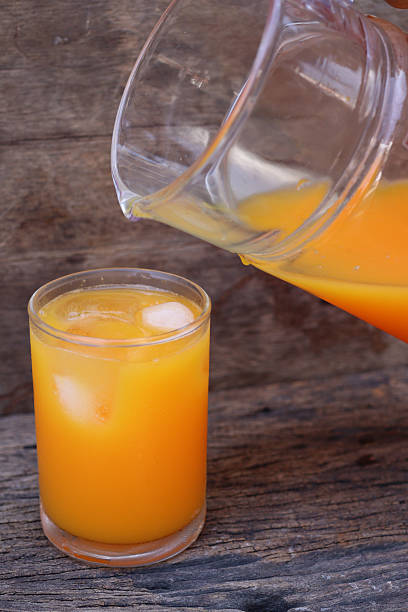 Soft drinks orange juice and iced in glass