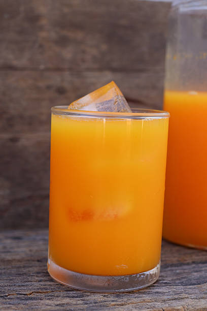 Soft drinks orange juice and iced in glass