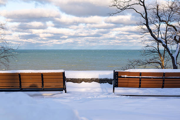 Two empty benches covered with snow overlooking a winter lake under cloudy sky. Calm seasonal landscape, cold weather, peaceful outdoor scene with copy space.