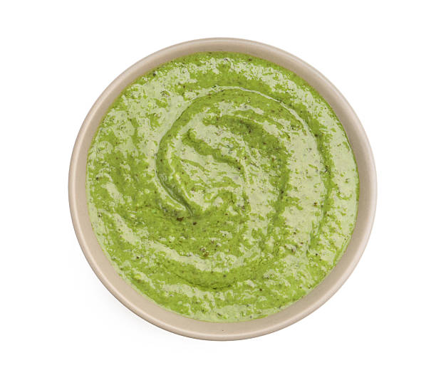 istock Fresh pesto sauce in bowl isolated on white, top view 2252713907