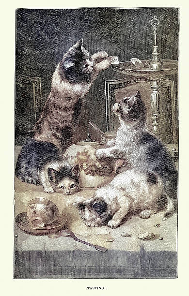 Curious cats stealing buns from a table, drinking spilt milk, Animal art, Victorian 1890s Vintage illustration