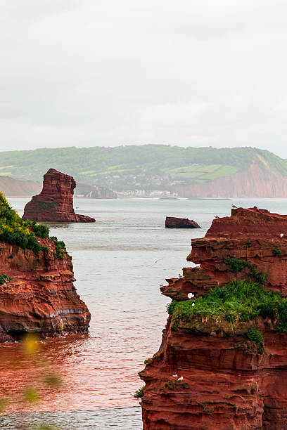 Ladram Bay, Jurassic Coast, Devon. Vivid red sandstone cliffs rise from calm waters, dotted with green vegetation, overlooking a distant coastal village and gentle, expansive sea.
