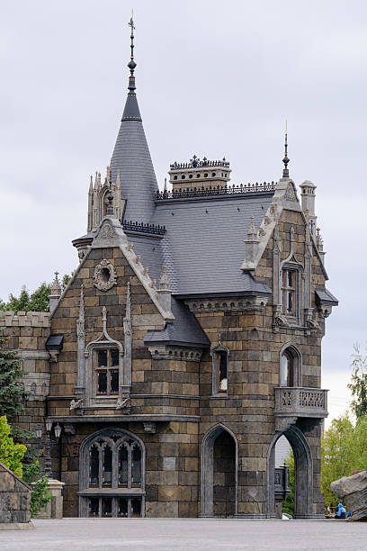 Russia, Samara Oblast, Khryashchevka village - July 31, 2023. General view of a Garibaldi Castle outbuilding on a cloudy day. Architecture and landmarks. High resolution.