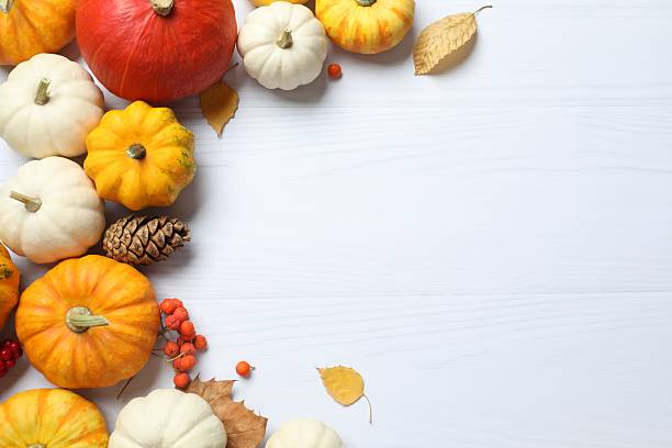 istock Beautiful autumn composition with pumpkins and autumn decor on white background, top view 2252734407