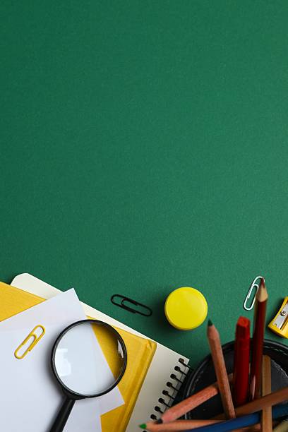 istock Flat lay with school stationery on color background, top view 2252737980