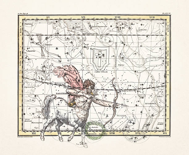 istock Antique celestial map illustration with mythological constellations and star charts from an early 19th century astronomy book. London, 1822. 2252738415