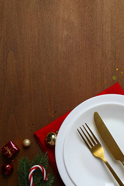 New Year table setting on wooden background