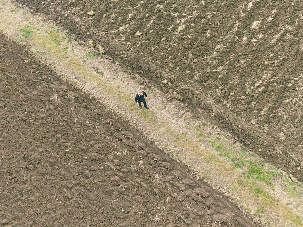 Farmer looking at his agricultural fields in winter morning