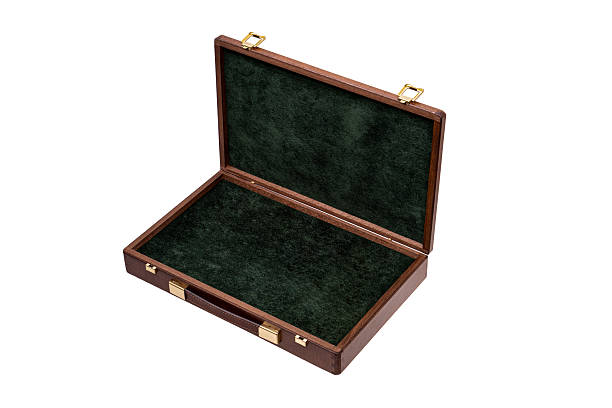 istock Open premium wooden briefcase with dark green velvet lining on a white background. 2252742019