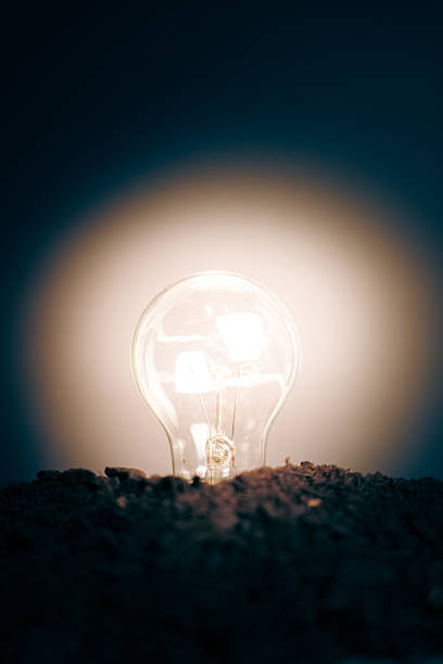 Bright light bulb emerging from dark soil, representing concepts of growth, innovation, inspiration, and sustainable energy