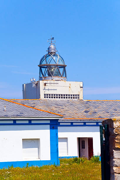 Busto headland lighthouse close-up view, Luarca, Asturias, Spain. Clear blue sky in the background.