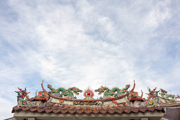 A vibrant display of traditional Chinese dragon sculptures adorning a temple roof, showcasing intricate craftsmanship against a serene sky backdrop. The scene captures cultural heritage and architectural beauty, ideal for cultural studies or travel imagery.