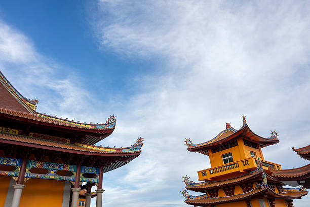 A vibrant traditional Chinese pagoda under a clear blue sky, showcasing intricate architectural details and cultural heritage. The main scene features the pagoda's ornate structure, highlighting its historical significance and aesthetic appeal. The visual style is bright and colorful, evoking a sense of tranquility and cultural richness. This image can be used for educational purposes, travel promotions, or cultural exhibitions.